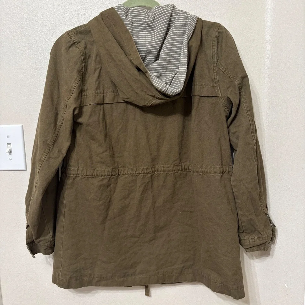 Blu Pepper Womens Olive Green Utility Anorak Hooded Jacket Small Striped Lining